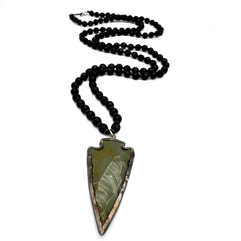 Chan Luu Beaded Necklace Sterling Silver Black Onyx Green Jasper Arrowhead 34"